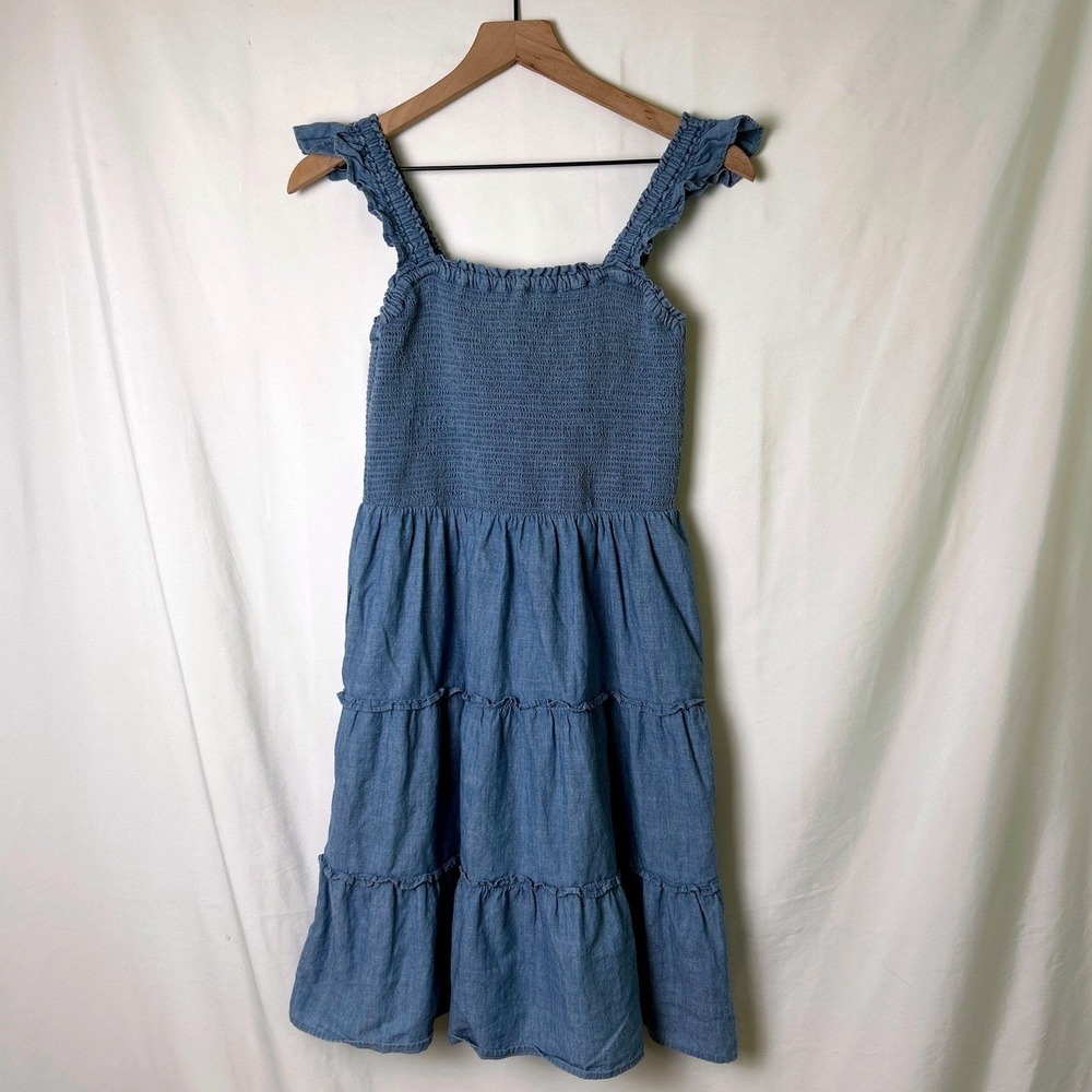 J.Crew Womens Smocked Tiered Ruffle Chambray Mini Dress Size XS Blue Coastal